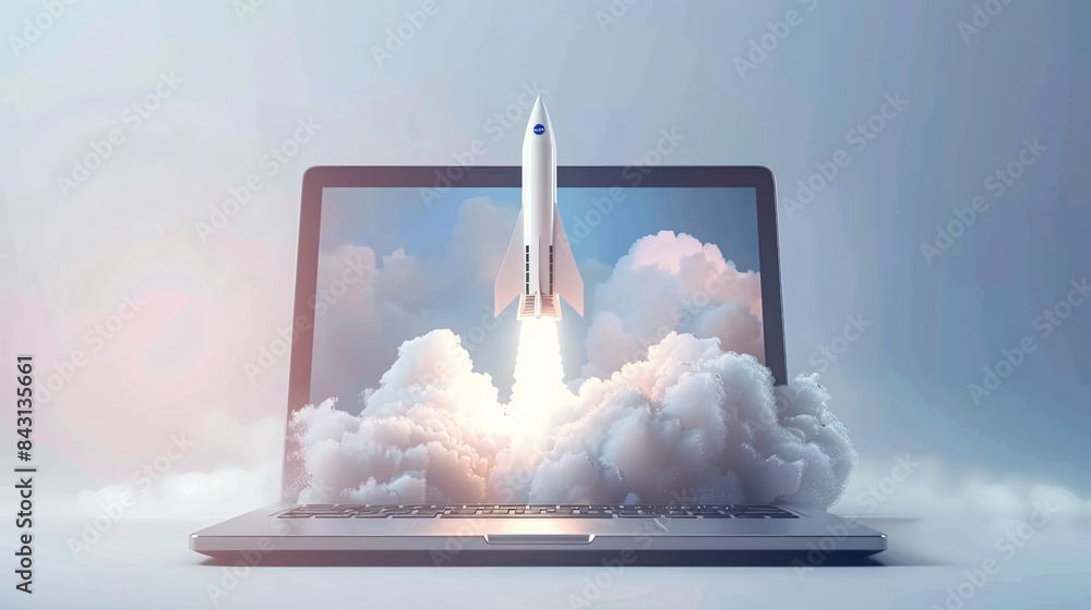Poster conceptual image depicting a rocket launching through a laptop screen and into a cloudy sky