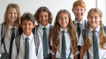 Obraz premium Elegant and minimalistic first day of school scene, featuring students smiling with their new school gear, isolated on a white background.