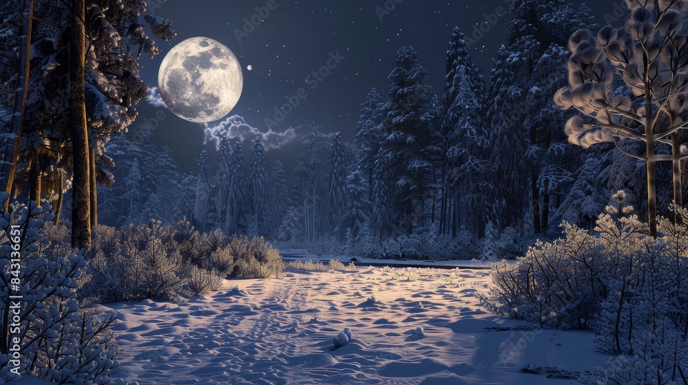 Poster moonlight illuminates a snowy forest - a full moon casts a warm glow on a snow-covered forest, illum