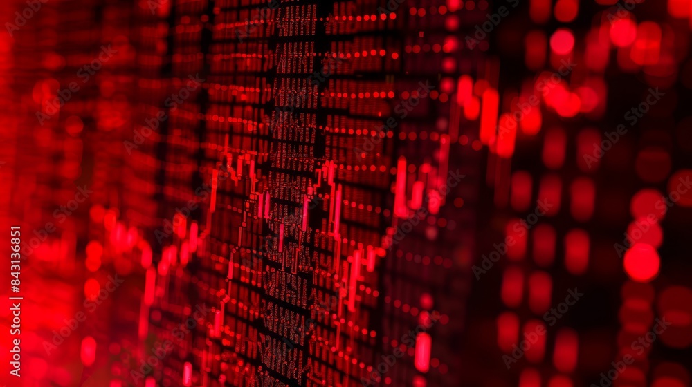 Poster red stock market chart data - a close-up of a red stock market chart with blurred lights and a bokeh