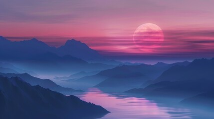 Obraz premium Pink Moon Over Misty Mountains - A full moon casts a pink glow over a misty mountainous landscape, creating an ethereal and peaceful atmosphere.