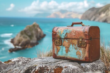 Vintage Suitcase with World Map Overlooking Coastal Scenery