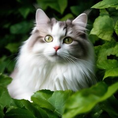 Obraz premium A fluffy Ragamuffin cat surrounded by lush greenery, created by artificial intelligence