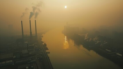 Fototapeta premium Smog-Filled Sunrise Over an Industrial River - A hazy sunrise casts a golden glow over a river bisecting an industrial area, with plumes of smoke rising from tall chimneys.