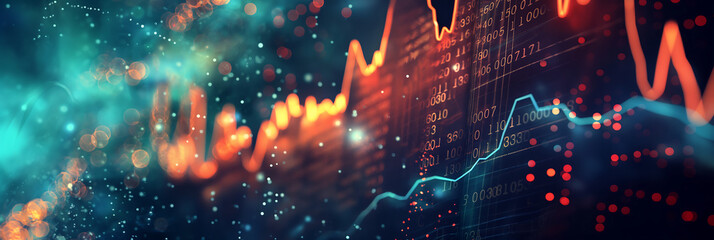 vibrant and dynamic depiction of financial data with trading charts, fluctuating graphs, and glowing effects, perfect for illustrating stock market trends and analytics.