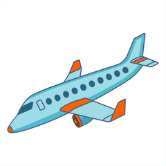 Airplane light blue color with yellow tips. Plane in cartoon design. Passenger plane flying in the sky side view. travel concept. Toy plane graphic. Flat style  illustration.	