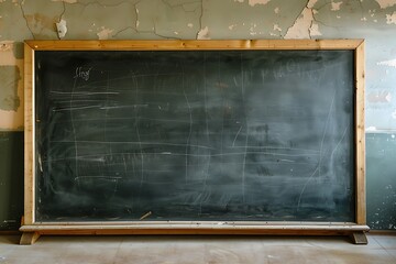 A large, empty black chalkboard with a wooden border on a plain wall