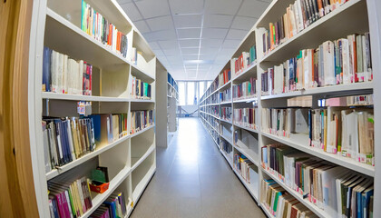 Library corridor. Image of a library with many books lined up.
