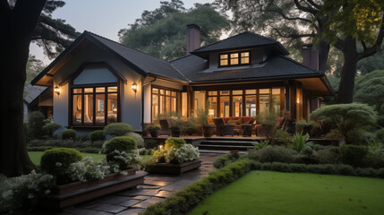 View on the cozy country house with cute garden