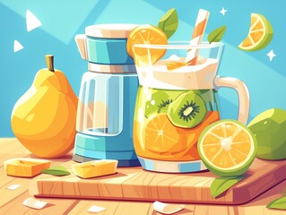 Vitamin charge: homemade smoothie. A variety of fruits in a blender. Cartoon high quality illustration, generated by ai