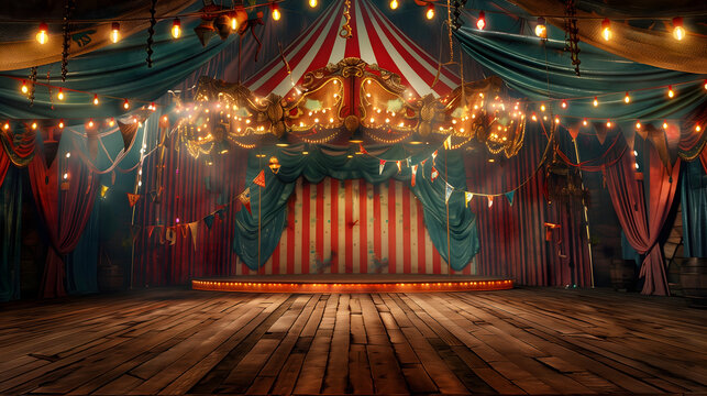 Escenario vac&iacute;o de circo con luces y decoraciones