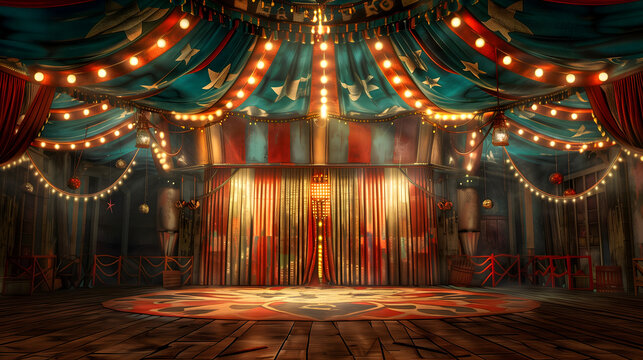 Escenario vac&iacute;o de circo con luces y decoraciones