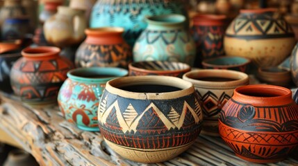 Collection of handcrafted pottery with intricate designs. The pottery includes various types of vessels such as bowls, vases, and jugs, each adorned with patterns and motifs