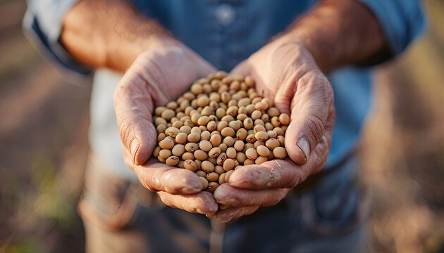Closeup of handful of soybean hulls in male hands. Concept of organic supplement in production of compound feed for livestock animals