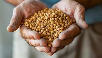 Closeup of handful of soybean hulls in male hands. Concept of organic supplement in production of compound feed for livestock animals