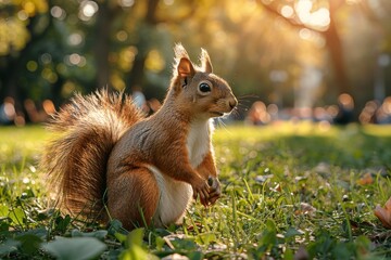 Obraz premium Squirrel sitting on grass in a sunny park