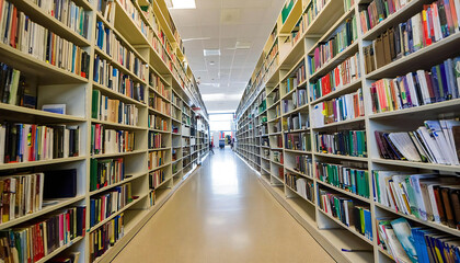 図書館の通路。たくさんの本が並ぶ図書館のイメージ素材。Library corridor. Image of a library with many books lined up.