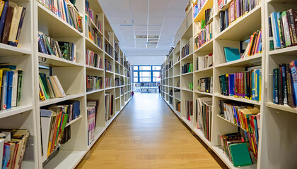 図書館の通路。たくさんの本が並ぶ図書館のイメージ素材。Library corridor. Image of a library with many books lined up.