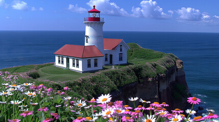   A lighthouse sits atop a cliff beside a water body, with wildflowers in the foreground