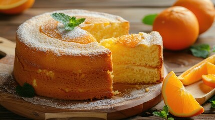 Orange cake displayed on a wooden surface