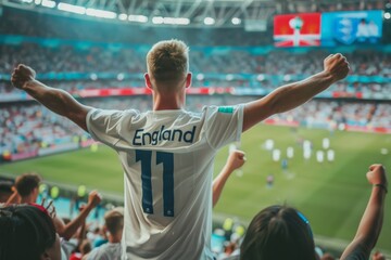 Happy fan screaming supporting England team at soccer.	