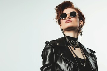 Fashionable hipster woman, stylish and chic, posing confidently in a modern and glamorous setting.