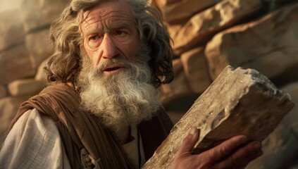 Moses holding the stone tablets with the 10 commandments, Bible story.	