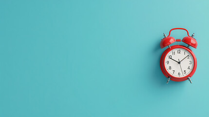 Red alarm clock ticking showing its time to get to work on a turquoise background