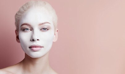 Beautiful young Caucasian blonde woman with facial mask on her face on a background with Copy Space. Blonde  woman with clay mask on her face. Blonde female with cosmetic Facial Mask. copy space.
