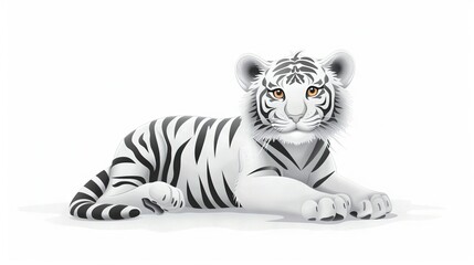 Fototapeta premium A black and white tiger lies on the ground, facing the camera, with its head turned slightly upward