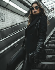 Fototapeta premium Portrait of beautiful woman on escalator