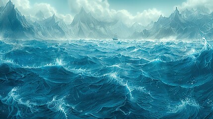  A water painting featuring a central boat against a backdrop of towering mountains