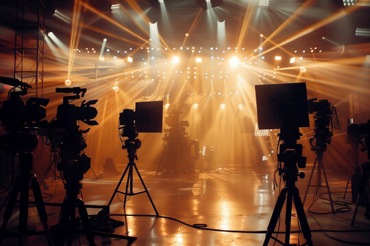 Film studio with many cameras and reflectors