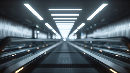 Obraz premium Modern illuminated walkway speeding through an empty subway station at night