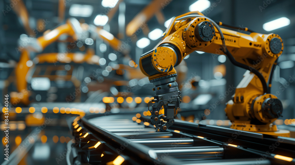 Poster robotic arm working on an assembly line, symbolizing modern industrial automation