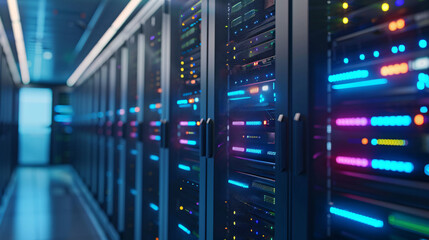 Series of servers with glowing lights, suggesting data processing and storage