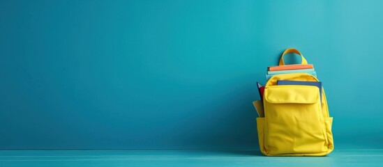 Yellow bag with school supplies on blue background with copy space