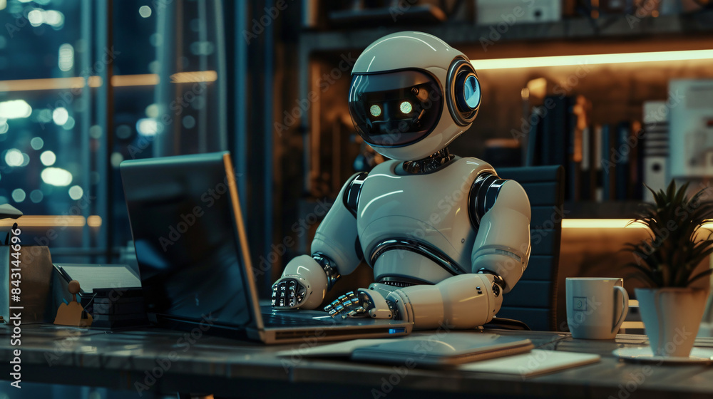 Poster Robot is using a laptop at a desk in a modern office building, working late into the night