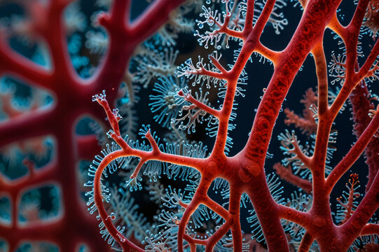 Microscopic View of Red Algae (Rhodophyta) with Detailed Structures and Color Pigments