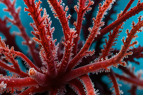 Microscopic View of Red Algae (Rhodophyta) with Detailed Structures and Color Pigments