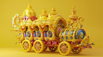 Fototapeta premium A luxurious 3D model of a golden chariot adorned with intricate carvings and designs reflecting the richness and mythology of Indian culture against a yellow background.