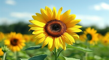 Fototapeta premium Sunflower in sunflower field with blue sky and clouds