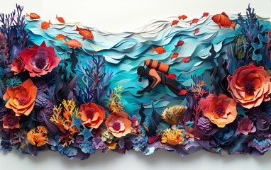 Diver exploring vibrant underwater scene with colorful coral in paper art