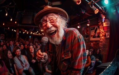 Fototapeta premium Elderly comedian performing at a lively comedy club