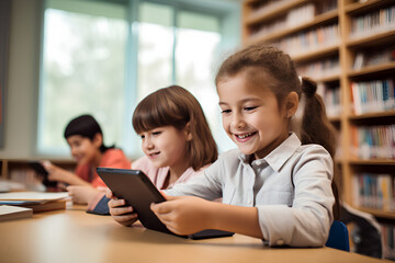 Fototapeta premium education, elementary school, learning, technology and people concept - close up of school kids with tablet pc computers having fun and playing on break in classroom