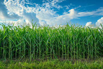 Tall green corn plants under a blue sky with white clouds in a lush field....
