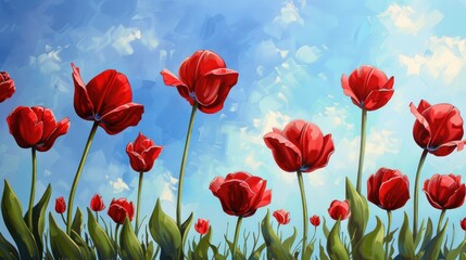 Obraz premium Red Tulips under a clear blue sky