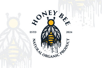 Honey bee logo design with farm vintage unique stye Premiium Vector
