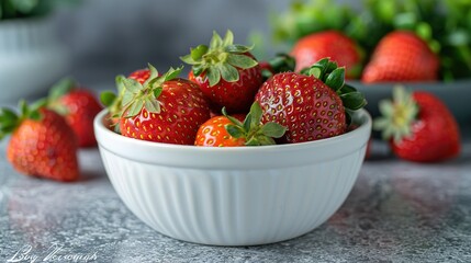   A macro shot of a single bowl of strawberries placed on top of a table with several strawberries scattered nearby