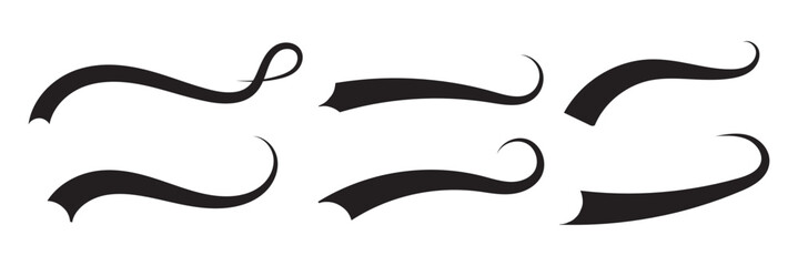 Set of Swoosh and swoop underline typography tails shape in flat styles. Brush drawn curved smear. Hand drawn curly swishes, swash, twiddle. Vectors calligraphy doodle swirl on white background.Vector